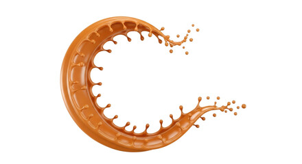 Isolated caramel syrup splash in a shape of a letter C, golden liquid with droplets, fluid