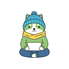 Cute cartoon dog wearing winter clothes holding a blank sign.