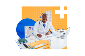 Composite photo collage of serious american guy doctor sit clinic cabinet workplace supplies write recipe isolated on painted background