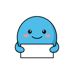 Cute blue cartoon character holding a blank white sign for your message.