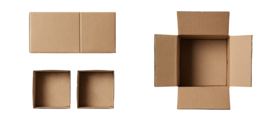 Overhead shots of cardboard boxes in various states closed, open, and partially assembled
