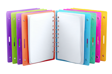 A vibrant array of open binders with lined paper, standing in a semicircle arrangement