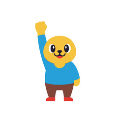 Cheerful cartoon character with raised arm, celebrating success and victory.