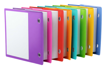 A row of various colored binders with white paper, arranged closely and in order