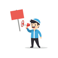Cartoon man in blue cap and jacket holding a red megaphone.