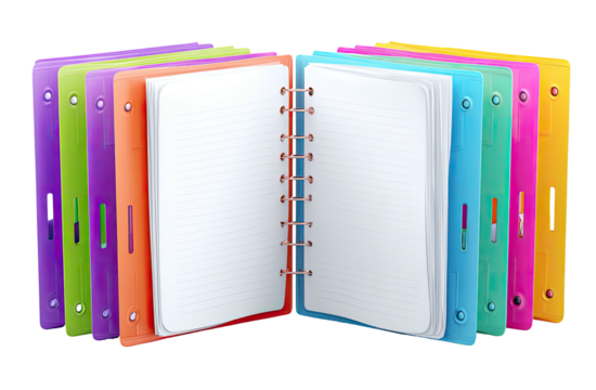 A vibrant array of open binders with lined paper, standing in a semicircle arrangement