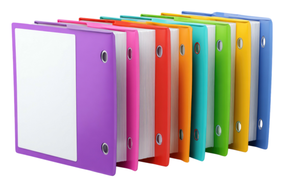 A row of various colored binders with white paper, arranged closely and in order