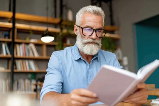 Senior Man Reading Book in Modern Library Setting with Focused Expression.