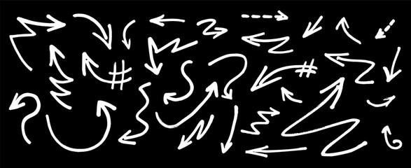 Graffiti arrow set in vector style white strokes made with ink or chalk, paintbrush, crayon and charcoal. Bold comic drawing collection of comic drawing elements for street graffity collage