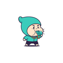 Cartoon character blowing whistle wearing hoodie and looking focused.