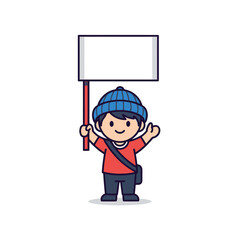 Cute cartoon boy character holding a blank white sign.