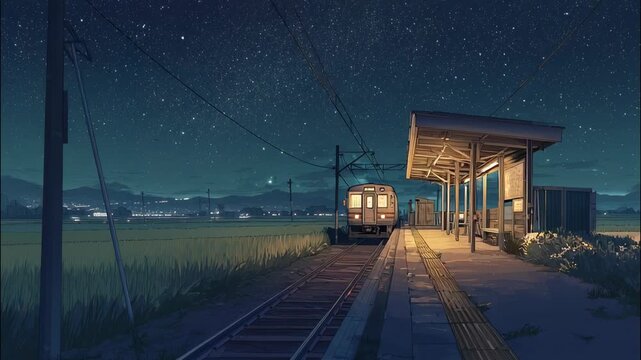 Animated Loop of Night Train Passing Quiet Station Under Starry Sky