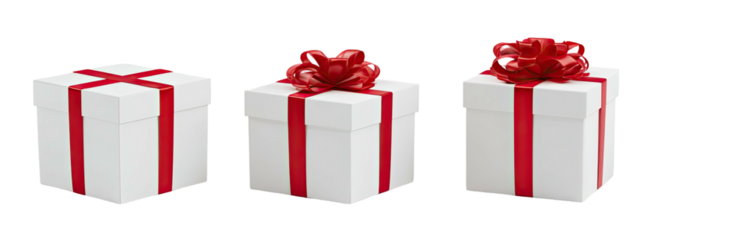 Three rectangular white boxes with red ribbons, some with red bows, presented against a black backdrop