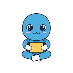 Cute Blue Cartoon Character Holding a Blank Sign.