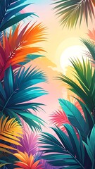Vibrant tropical foliage at sunset. Lush palm leaves in a riot of colors ? orange, teal, pink, yellow, purple ? frame a soft, golden sunset