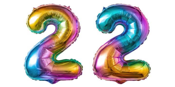 Two colorful foil balloons shaped as the number "22" against a black background, vibrant reflections