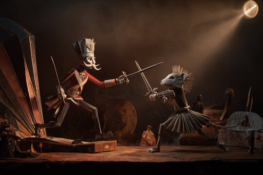 A dramatic and cinematic papercraft diorama of the duel between the Nutcracker and the Mouse King
