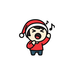 Cheerful cartoon character singing Christmas carols with a festive hat on.