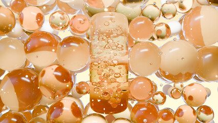 Golden Capsule Pill with Micro Particles Surrounded by Transparent Bubbles Representing Medicine, Healthcare, Pharmaceutical Research, Drug Innovation and Modern Medical Concept, 3d render