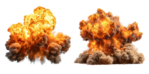 Two powerful explosions with vibrant orange and yellow flames, surrounded by a smoke cloud on black