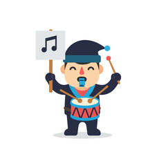 Cute cartoon drummer boy character playing a colorful drum.