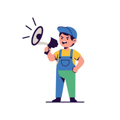 Cartoon Man Shouting into Megaphone with Angry Expression.