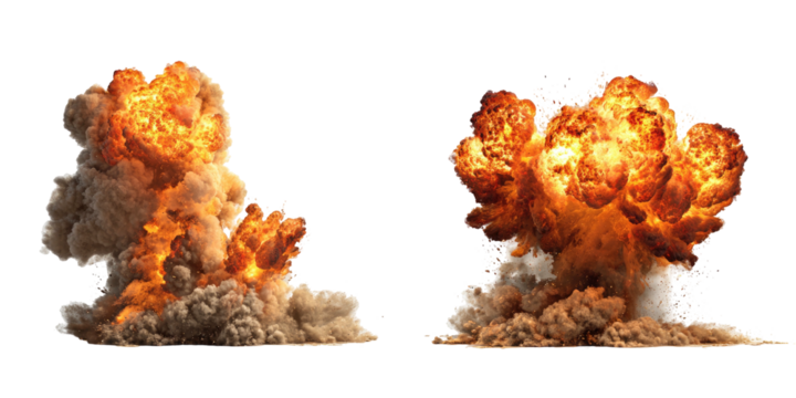 Two rendered explosions with fire, smoke, and debris against a black background
