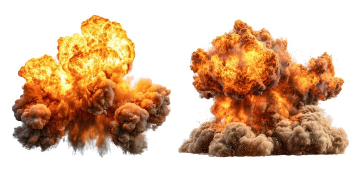 Two powerful explosions with vibrant orange and yellow flames, surrounded by a smoke cloud on black