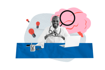 Collage young cheerful man specialist doctor laptop device lightbulb lamp eureka decision brainstorming magnifying loop tool exploration