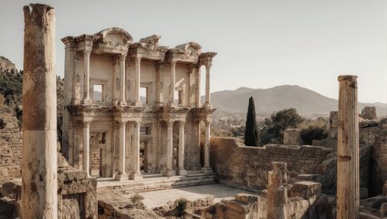 Fototapeta premium Weathered Roman ruins with columns and facade. Hills in background under a clear sky