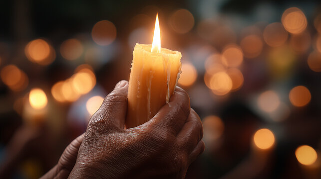 Hand Holding Burning Candle During Kalag-Kalag Festival Night in the Philippines, Symbol of Prayer, Reflection, and Respect for the Dead in Traditional All Saints’ Day Celebration