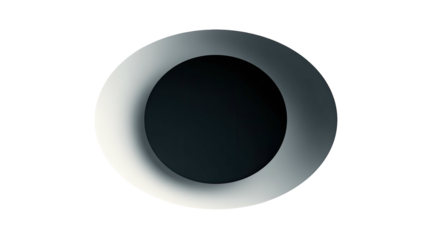A minimalist abstract art piece featuring a gradient metallic ring engulfing a dark central sphere