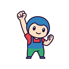 Cute Cartoon Boy Raising Fist in Joyful Celebration.