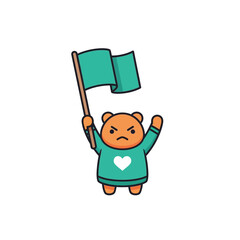 Cute cartoon bear character holding a green flag with a white heart on its shirt.