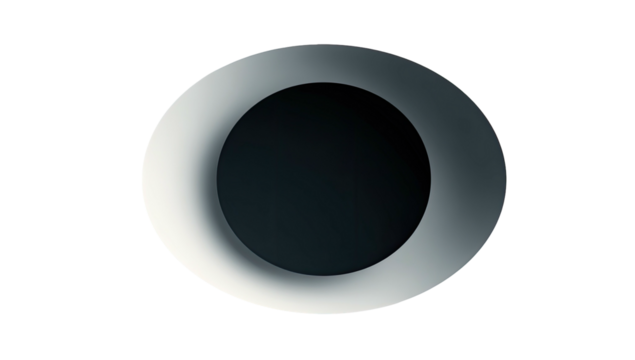 A minimalist abstract art piece featuring a gradient metallic ring engulfing a dark central sphere - Powered by Adobe
