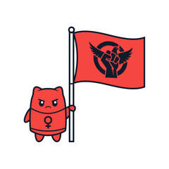 Cute Red Cartoon Character Holding a Flag with a Symbol of a Fist and Wings.