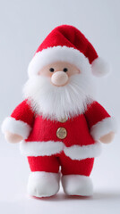 Cute handmade Santa Claus figurine in red suit and white beard standing on a light background.
