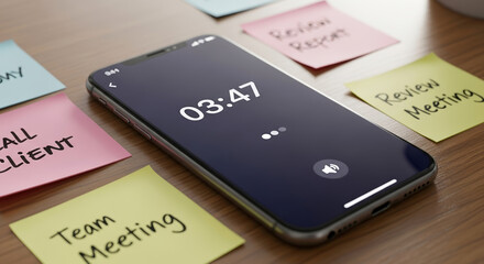 Mobile Timer Displaying 3 Minutes and 47 Seconds Amidst Sticky Notes for Time Management Strategies, Team Organization, and Productivity Blogs, Workshops, and Business Presentations