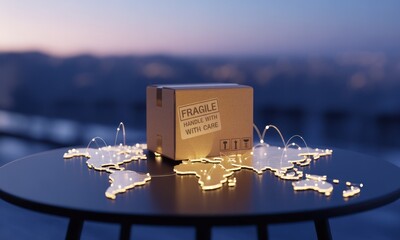 A glowing world map holds a cardboard box, representing global shipping and fragile cargo