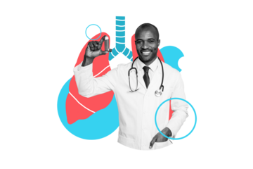 Composite photo collage of smile doctor hold inhaler tool asthma illness prevention help lungs breathe health isolated on painted background