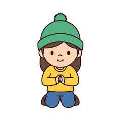 Cute cartoon girl in a green beanie kneeling in prayer.