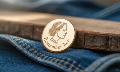 A golden coin featuring a woman's profile with text, placed on wood and denim