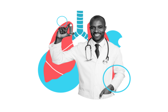 Composite photo collage of smile doctor hold inhaler tool asthma illness prevention help lungs breathe health isolated on painted background