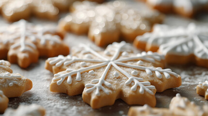 Christmas snowflake cookies decorated with white icing arranged on a kitchen surface.
