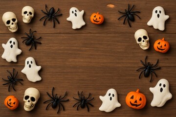 Halloween decorations with skulls, ghosts, pumpkins and spiders on wooden background, copy space.