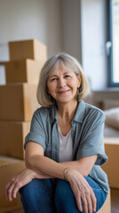 Fototapeta premium Smiling senior woman with glasses surrounded by cardboard boxes at home, suggesting moving or packing. 