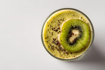 Kiwi smoothie on white background, top view, space for text