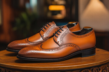Luxury brown leather brogue shoes on wooden surface