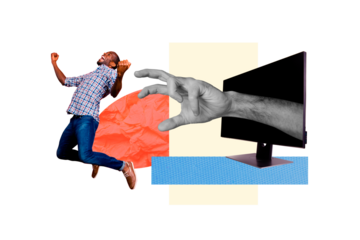 Composite photo collage of hand peek computer monitor screen want grab happy american guy cyberattack insult isolated on painted background