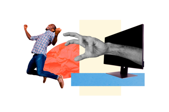 Composite photo collage of hand peek computer monitor screen want grab happy american guy cyberattack insult isolated on painted background